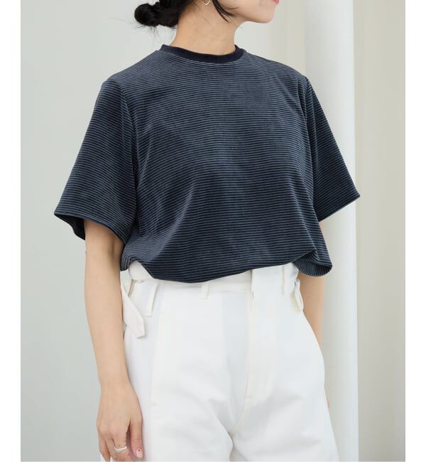 IENA LA BOUCLE「IENA LA BOUCLE ベロアボーダーTシャツ」|Tシャツ・カットソー|ネイビー A