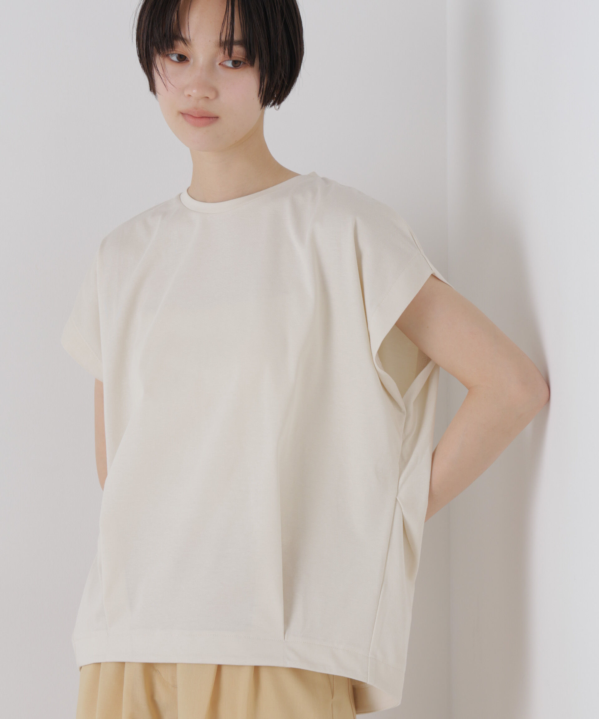NANO universe「接触冷感コットンプレーティング天竺タックコクーントップス」|Tシャツ・カットソー|
