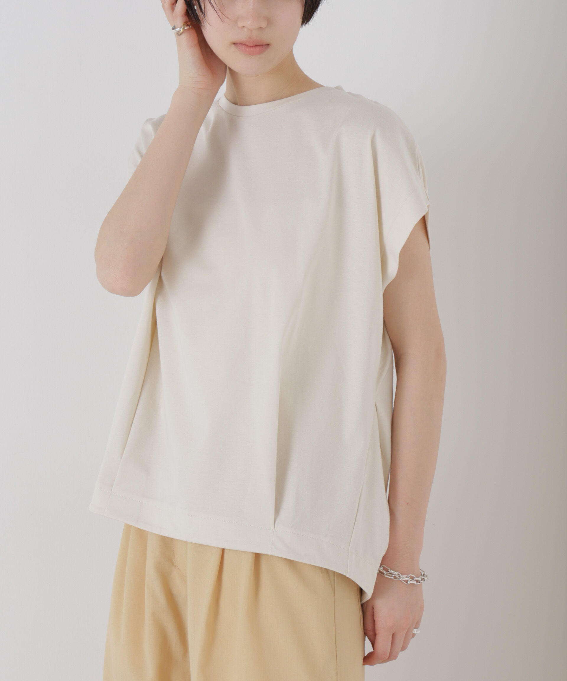 NANO universe「接触冷感コットンプレーティング天竺タックコクーントップス」|Tシャツ・カットソー|