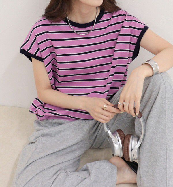 fredy emue「【汗ジミ軽減】ボーダー裾タックフレンチプルオーバーカットソー」|Tシャツ・カットソー|
