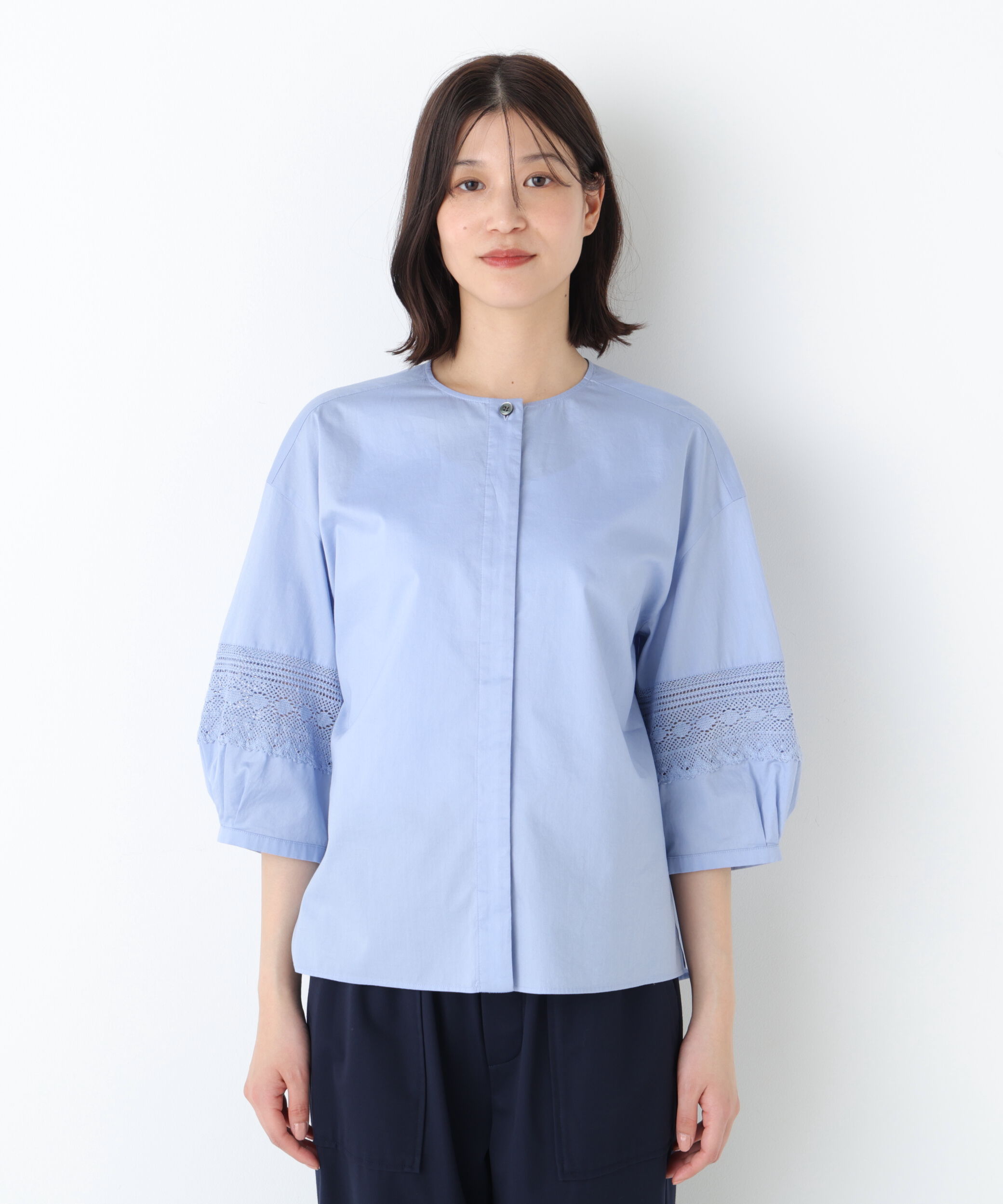  「◆《洗える》 レースドッキングクルーネックブラウス」|シャツ・ブラウス|