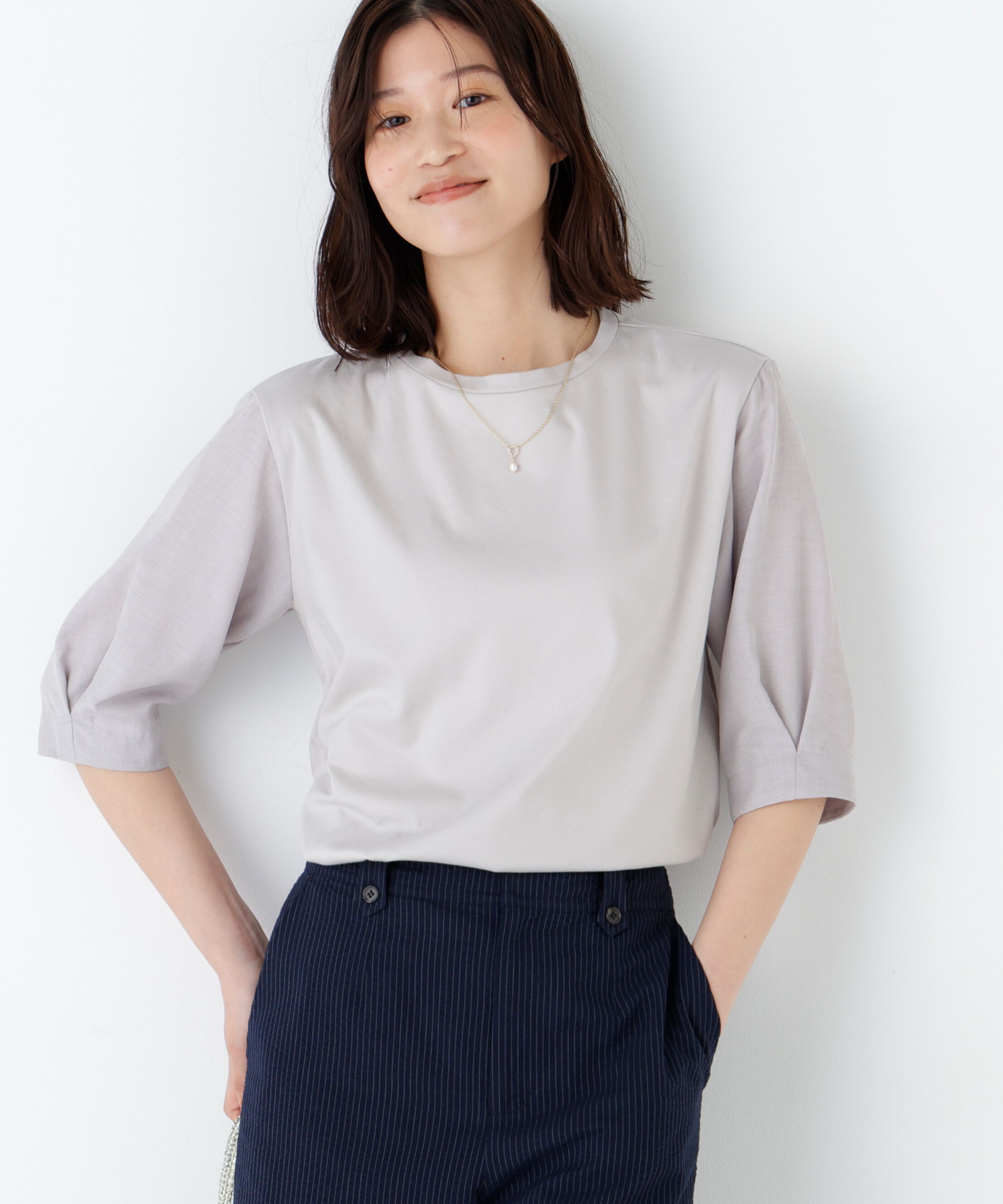  「《洗える》布帛コンビカットソー」|Tシャツ・カットソー|グレー