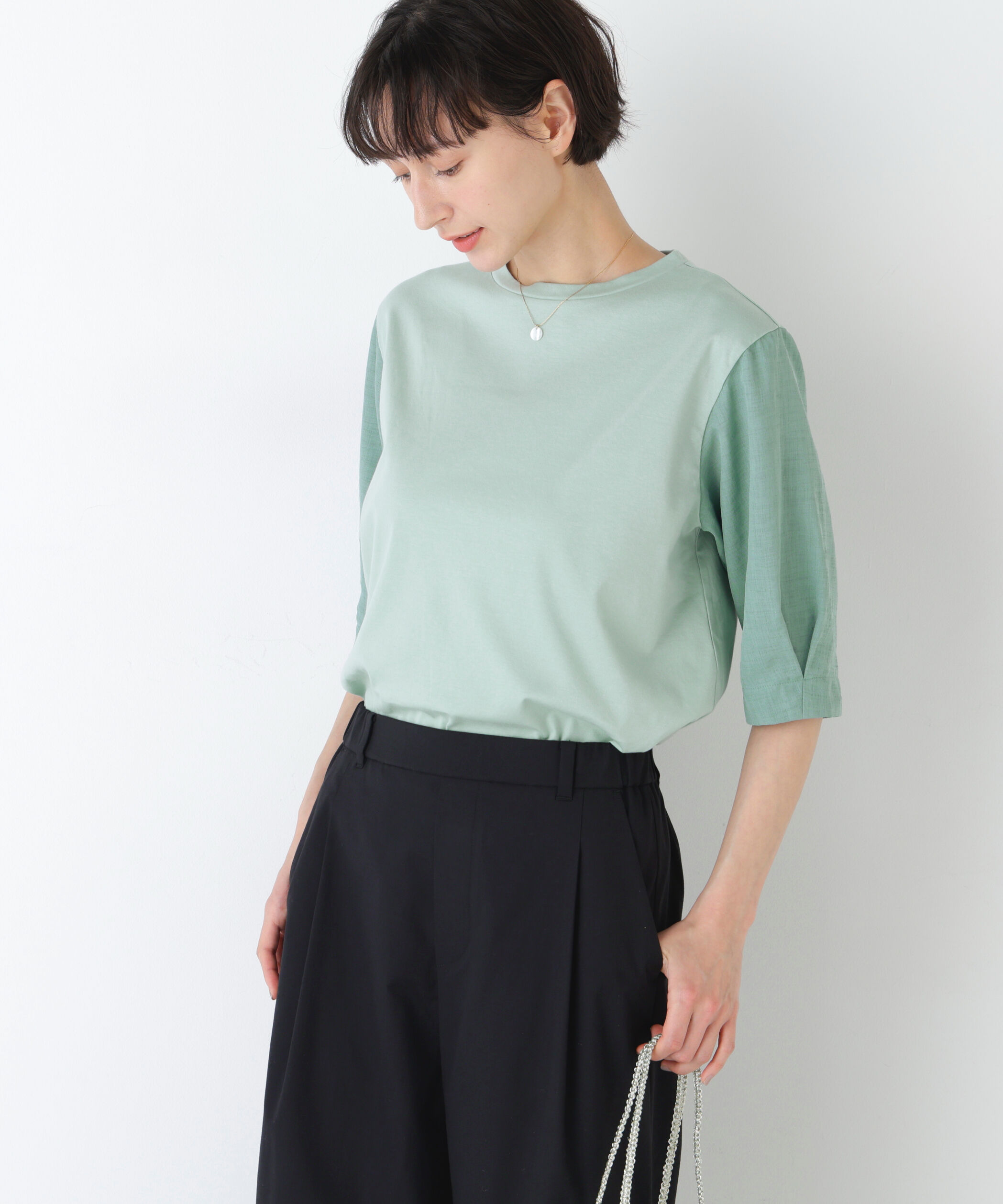  「《洗える》布帛コンビカットソー」|Tシャツ・カットソー|
