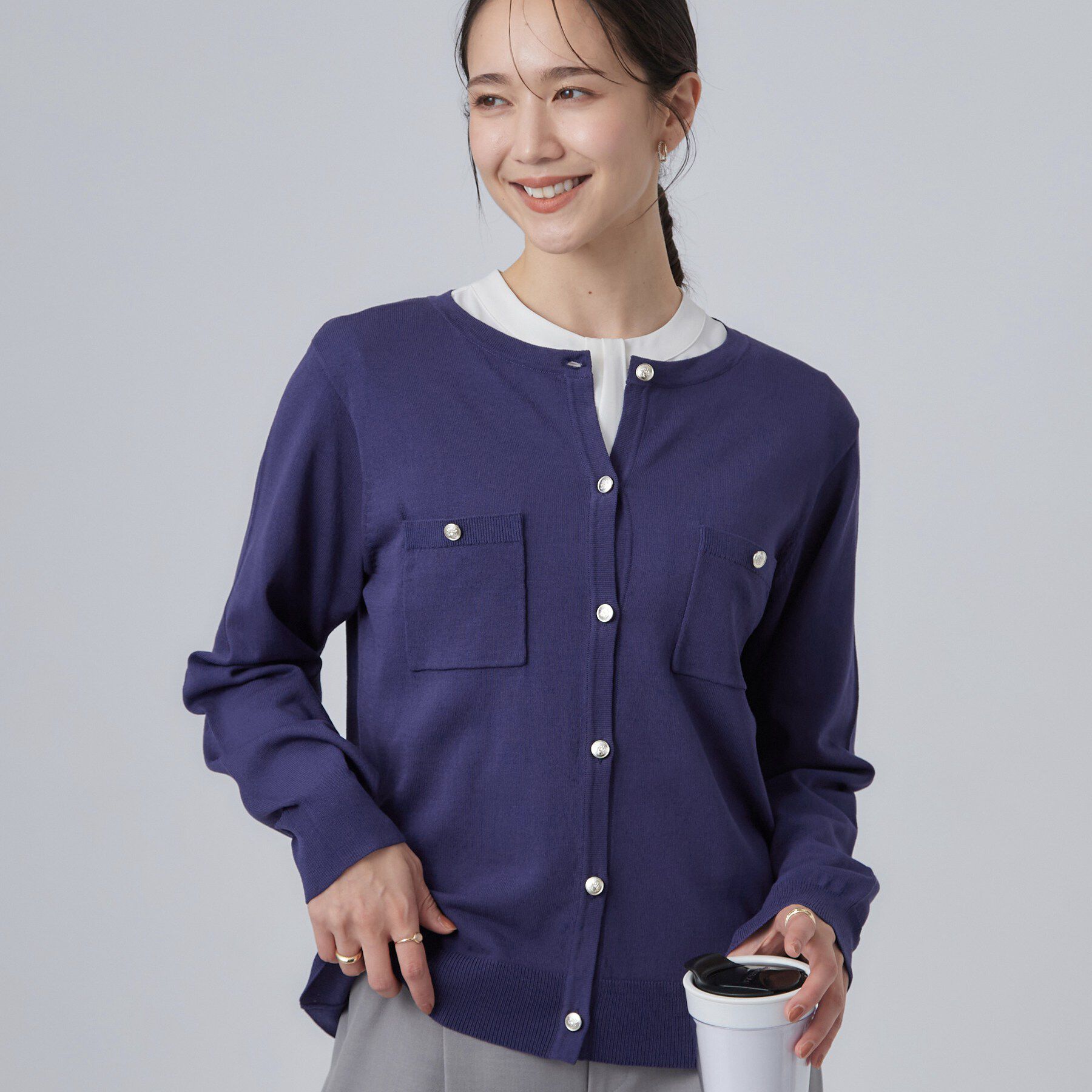 SHOO･LA･RUE「【洗濯機可/S-LL】金ボタンが上品に。さらさらタッチカーディガン」|カーディガン|ブルー(093)