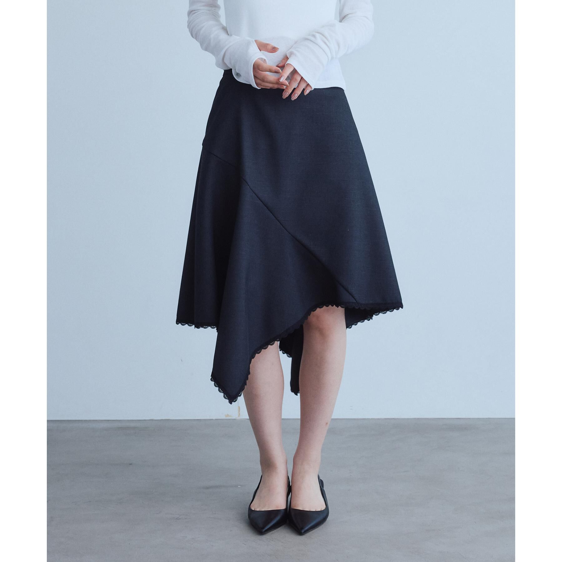 CODE A「asymmetric lace hem skirt」|スカート|チャコールグレー(0