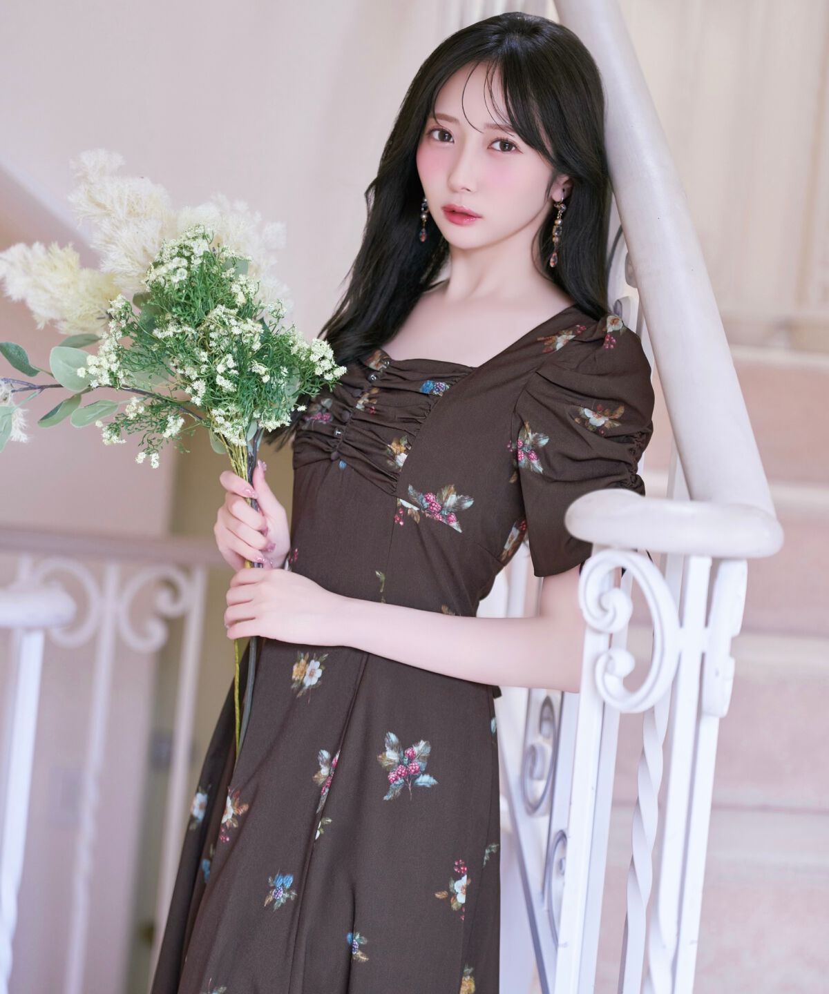WILLSELECTION「フローラルベリープリントギャザースリーブワンピース」|ワンピース|茶系花柄