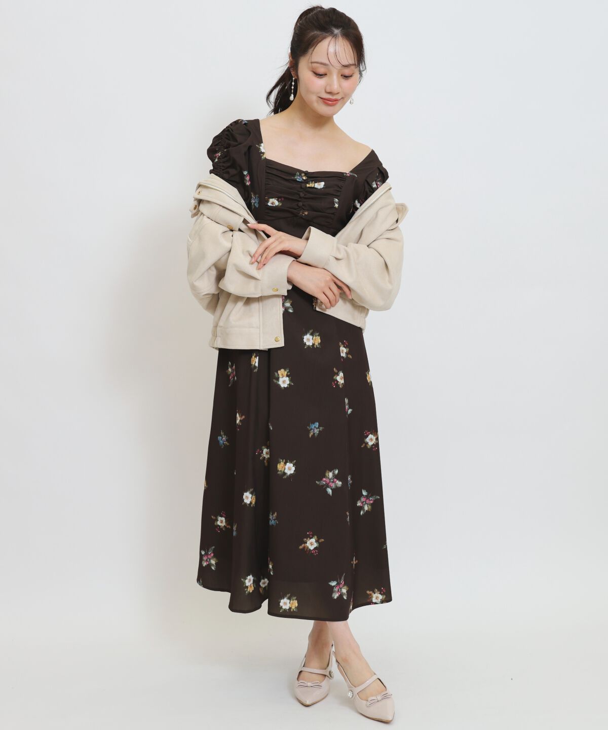 WILLSELECTION「フローラルベリープリントギャザースリーブワンピース」|ワンピース|