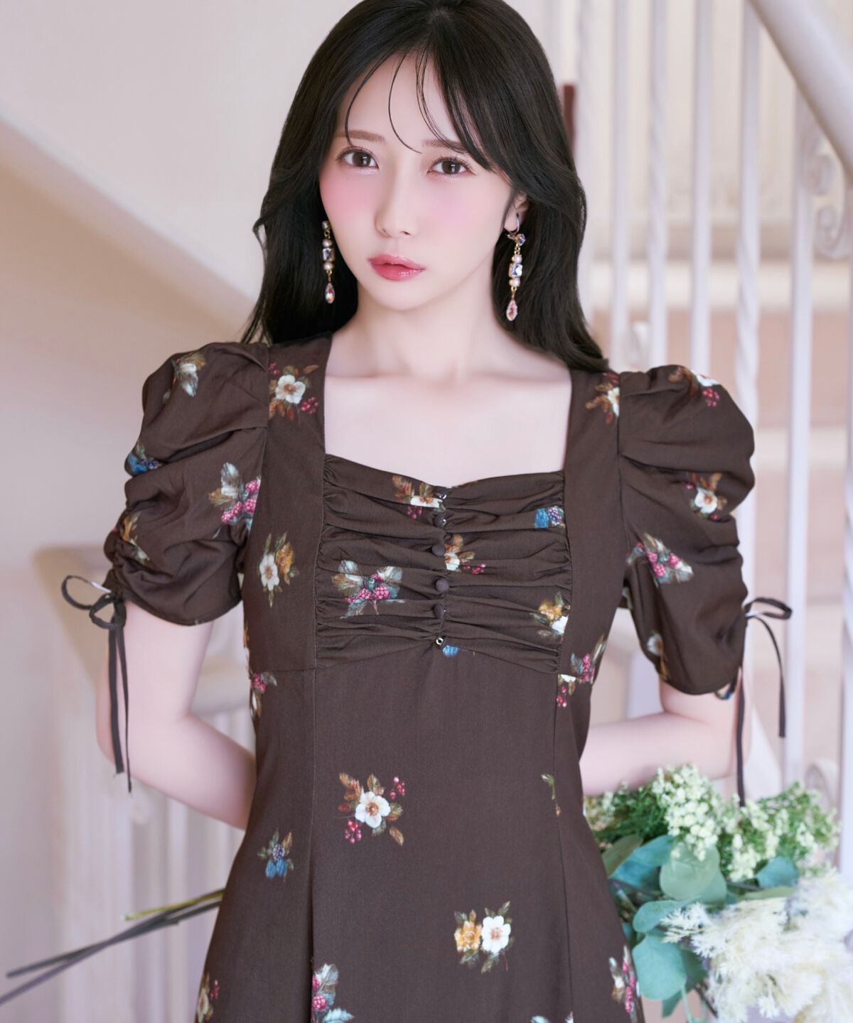 WILLSELECTION「フローラルベリープリントギャザースリーブワンピース」|ワンピース|