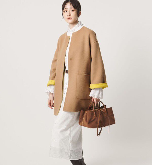 UNITED ARROWS「バイカラー リバー ミドルコート」|ノーカラーコート|