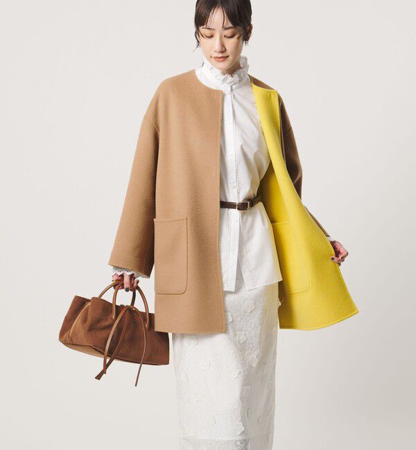 UNITED ARROWS「バイカラー リバー ミドルコート」|ノーカラーコート|