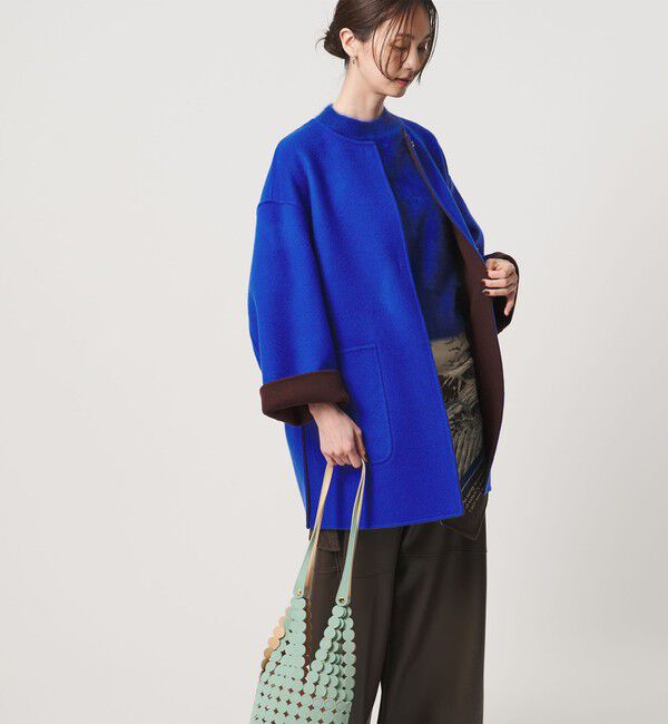 UNITED ARROWS「バイカラー リバー ミドルコート」|ノーカラーコート|