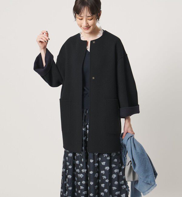 UNITED ARROWS「バイカラー リバー ミドルコート」|ノーカラーコート|