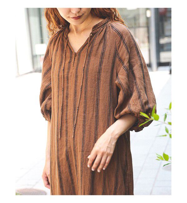 Ray BEAMS 「リネン バルーンスリーブ ワンピース 夏ワンピース 麻 リネン パフスリーブ 日除け 涼しい 大人カジュアル」|ワンピース|