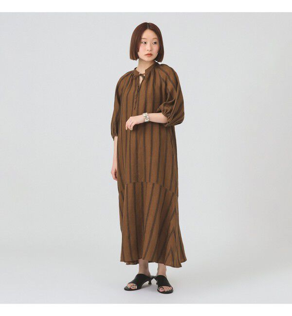 Ray BEAMS 「リネン バルーンスリーブ ワンピース 夏ワンピース 麻 リネン パフスリーブ 日除け 涼しい 大人カジュアル」|ワンピース|