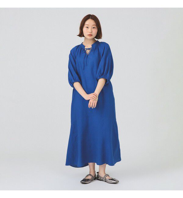 Ray BEAMS 「リネン バルーンスリーブ ワンピース 夏ワンピース 麻 リネン パフスリーブ 日除け 涼しい 大人カジュアル」|ワンピース|BLUE