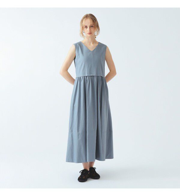 Ray BEAMS 「ギャザー キリカエ Vネック ノースリーブ ワンピース」|ワンピース|BLUE