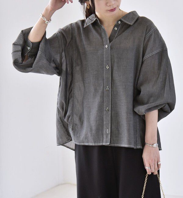 quaranciel「quaranciel:〈洗濯機可能〉シアー デニム ギャザー レギュラー シャツ」|シャツ・ブラウス|