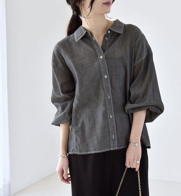 quaranciel「quaranciel:〈洗濯機可能〉シアー デニム ギャザー レギュラー シャツ」|シャツ・ブラウス|