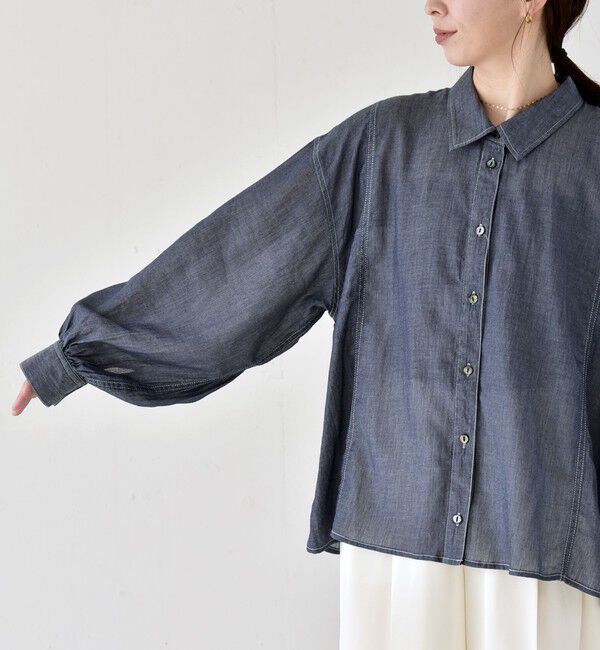 quaranciel「quaranciel:〈洗濯機可能〉シアー デニム ギャザー レギュラー シャツ」|シャツ・ブラウス|