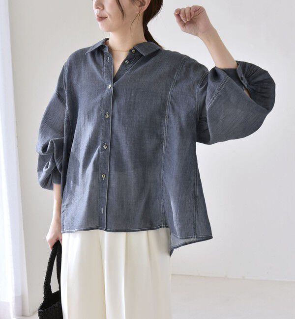 quaranciel「quaranciel:〈洗濯機可能〉シアー デニム ギャザー レギュラー シャツ」|シャツ・ブラウス|