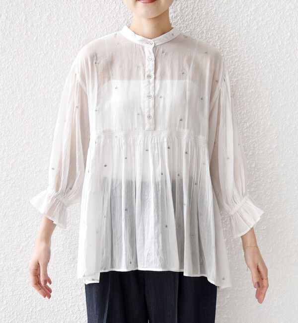 SHIPS for women「〈手洗い可能〉コットン オーガンジー リーフ 刺繍 袖 フリル ブラウス」|シャツ・ブラウス|