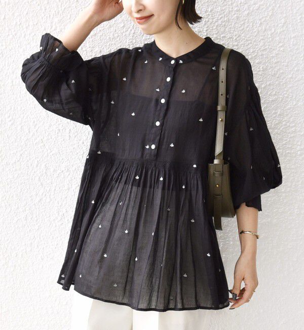 SHIPS for women「〈手洗い可能〉コットン オーガンジー リーフ 刺繍 袖 フリル ブラウス」|シャツ・ブラウス|