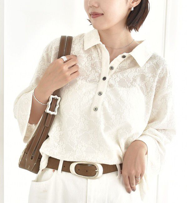 SHIPS for women「【WEB限定】〈手洗い可能〉シアー ジャカード ポロ ワイド スリーブ プルオーバー」|ポロシャツ|