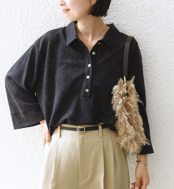 SHIPS for women「【WEB限定】〈手洗い可能〉シアー ジャカード ポロ ワイド スリーブ プルオーバー」|ポロシャツ|ブラック