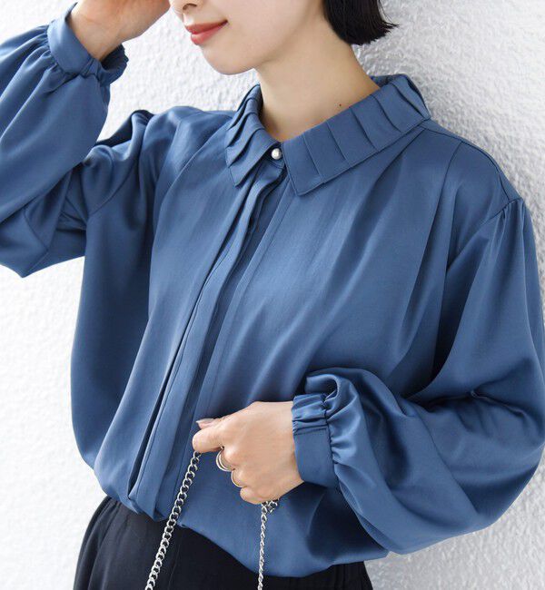 SHIPS for women「《予約》〈手洗い可能〉襟 タック サテン ロング スリーブ ブラウス」|シャツ・ブラウス|ブルー