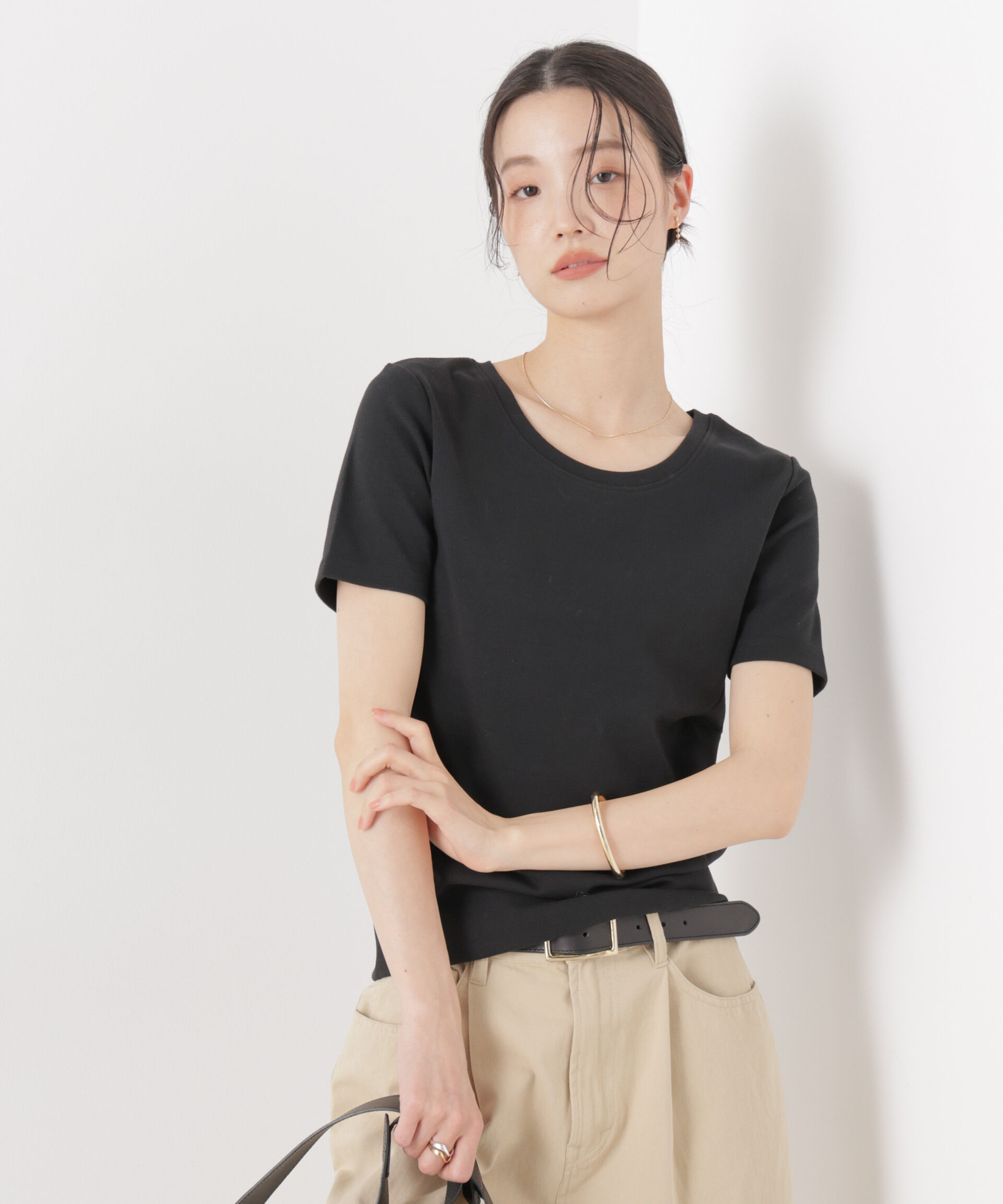 NANO universe「抗菌防臭コットンフライスカットクルーネックトップス」|Tシャツ・カットソー|ブラック