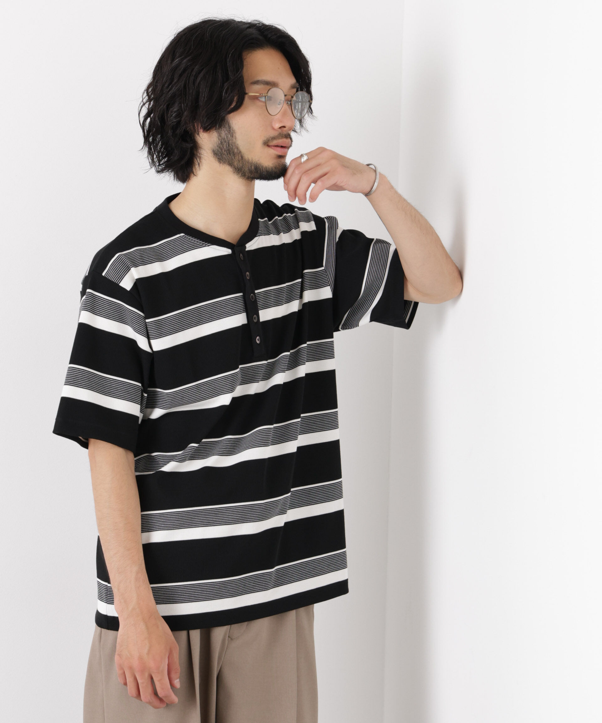 nano･universe「ランダムボーダーリブ二重編みヘンリーネック半袖」|Tシャツ・カットソー|ブラック