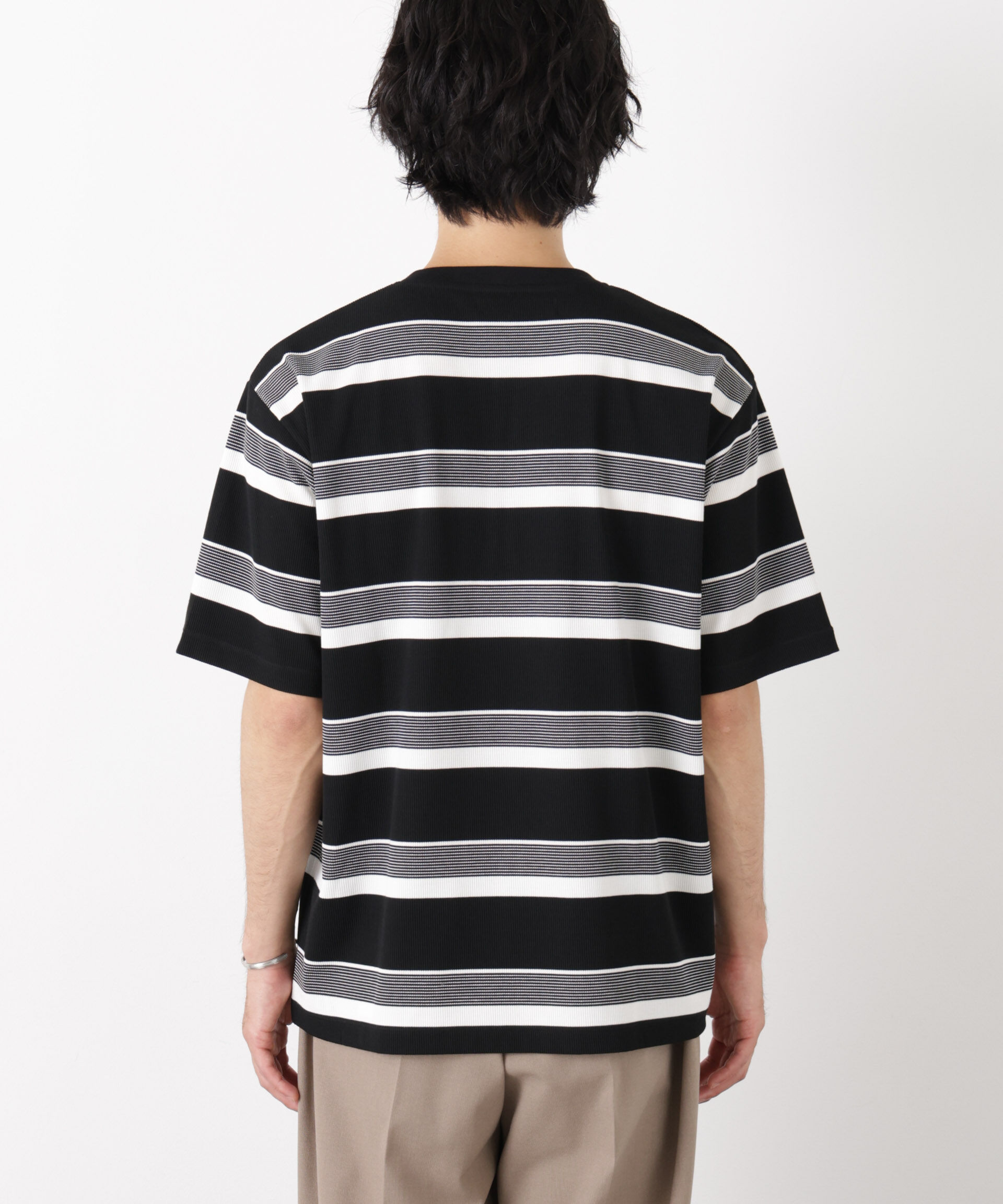 nano･universe「ランダムボーダーリブ二重編みヘンリーネック半袖」|Tシャツ・カットソー|