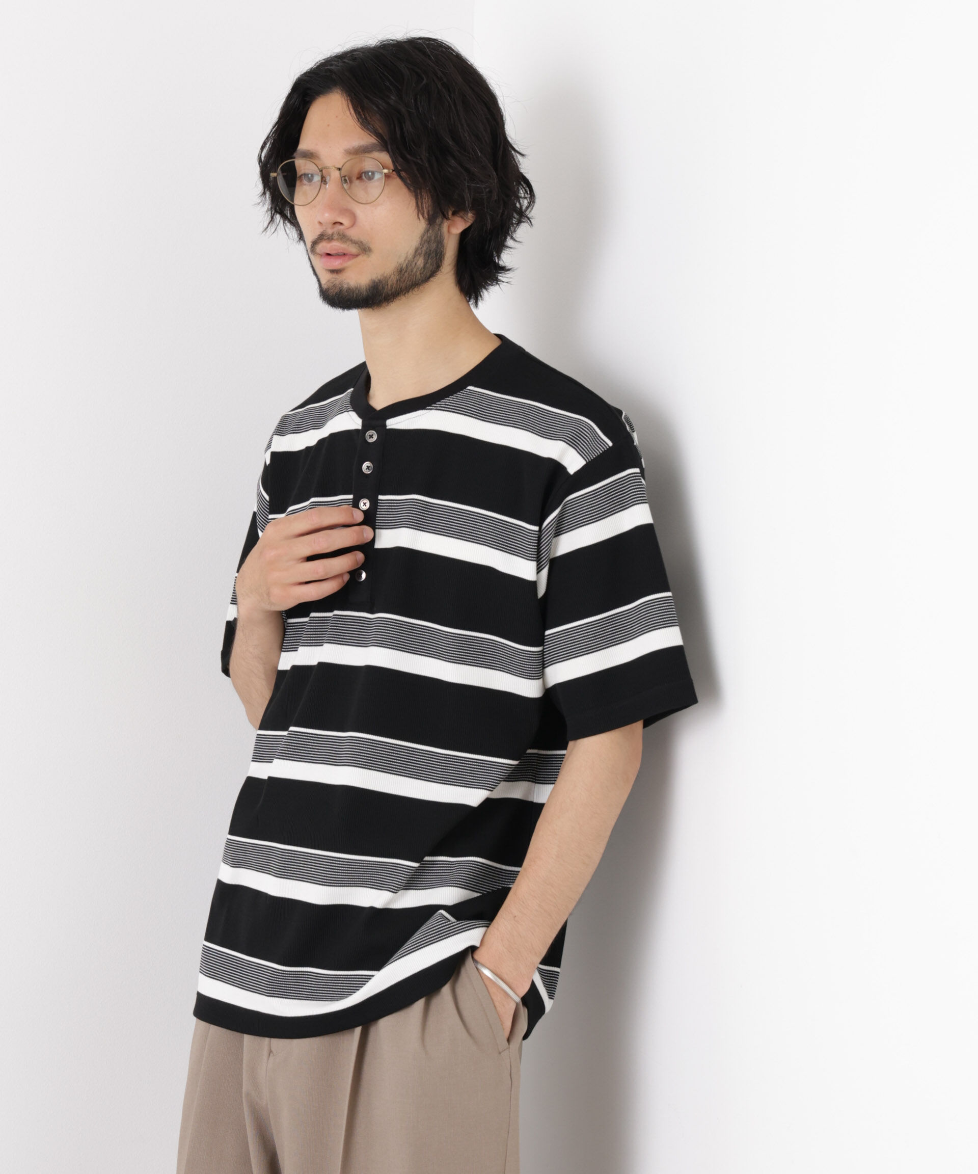 nano･universe「ランダムボーダーリブ二重編みヘンリーネック半袖」|Tシャツ・カットソー|