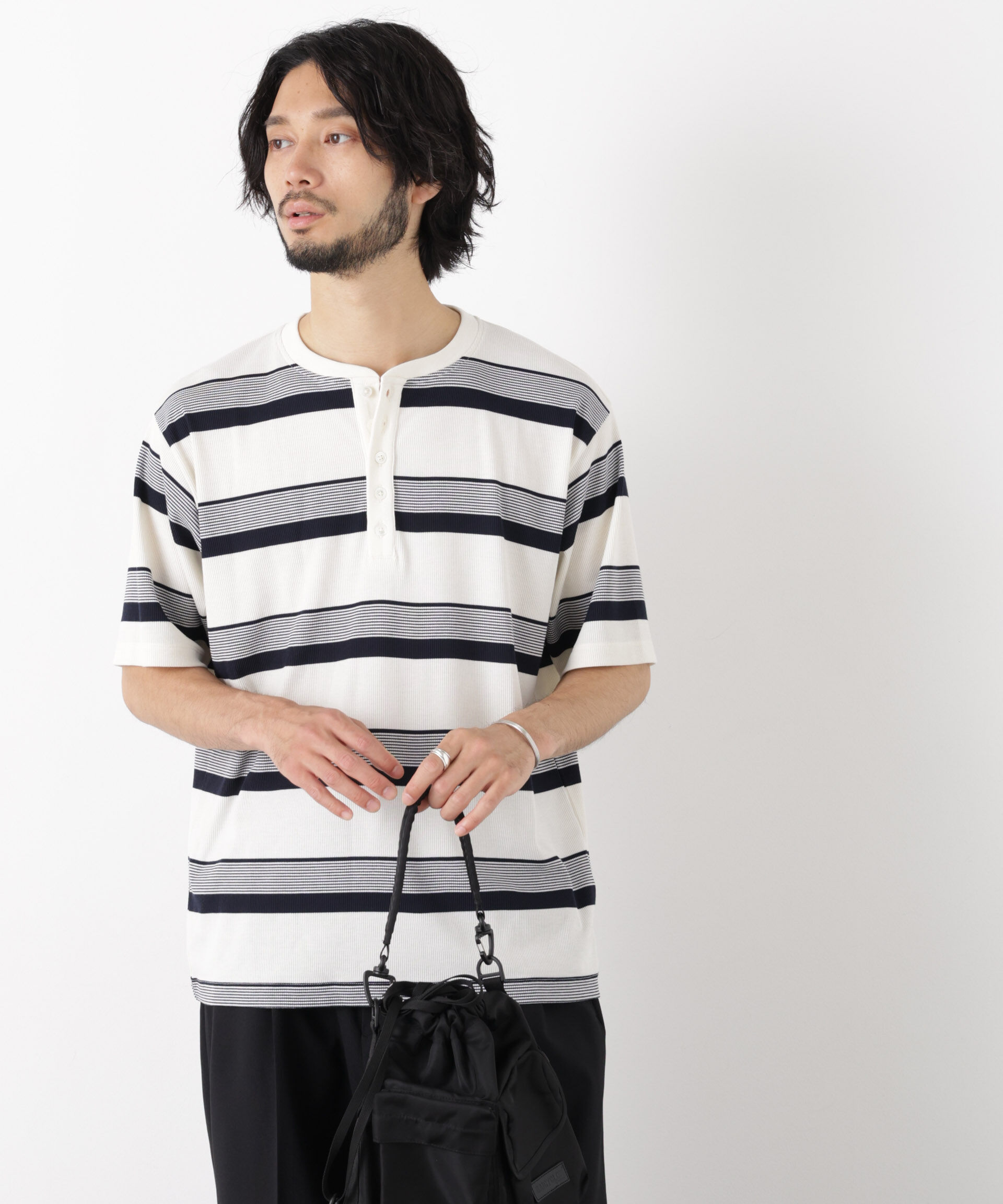 nano･universe「ランダムボーダーリブ二重編みヘンリーネック半袖」|Tシャツ・カットソー|ホワイト
