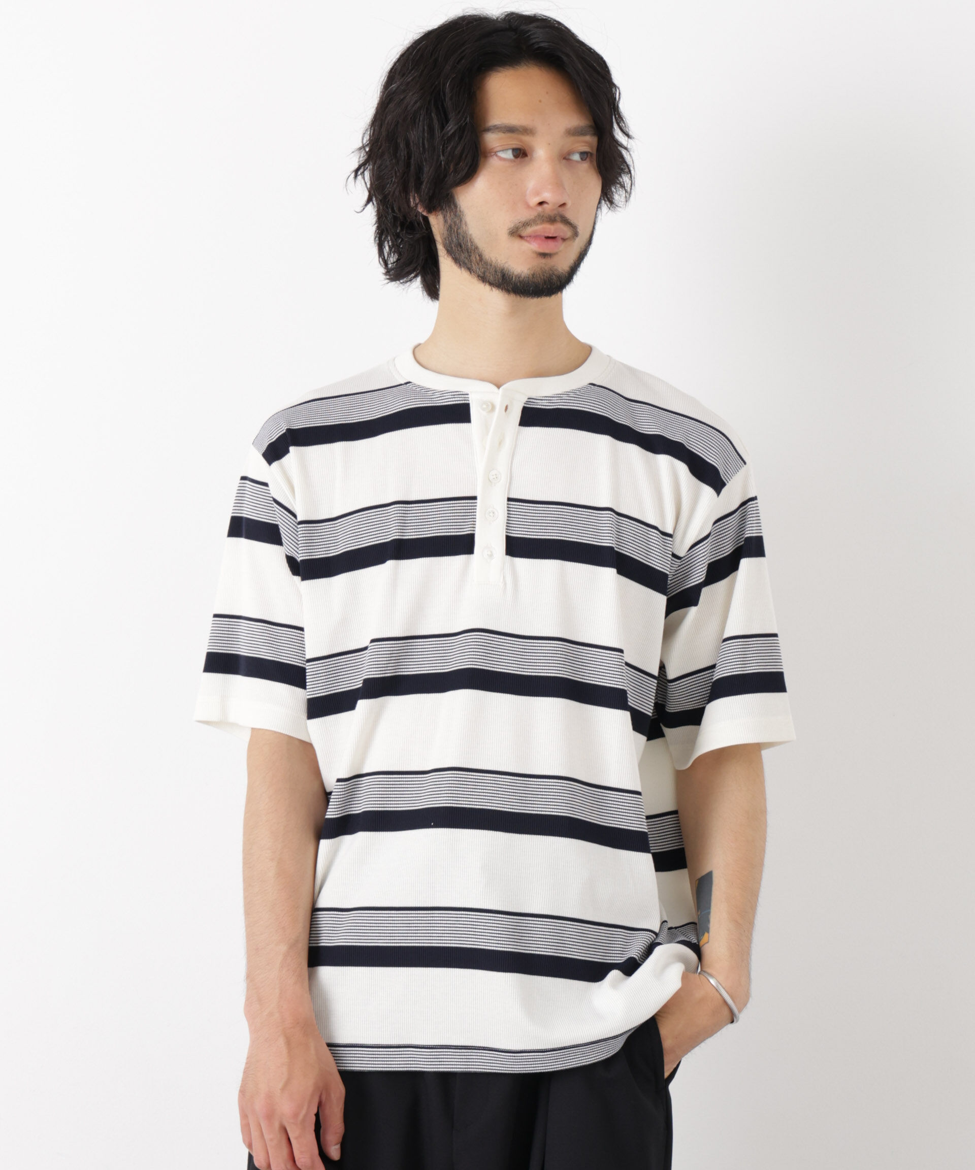 nano･universe「ランダムボーダーリブ二重編みヘンリーネック半袖」|Tシャツ・カットソー|