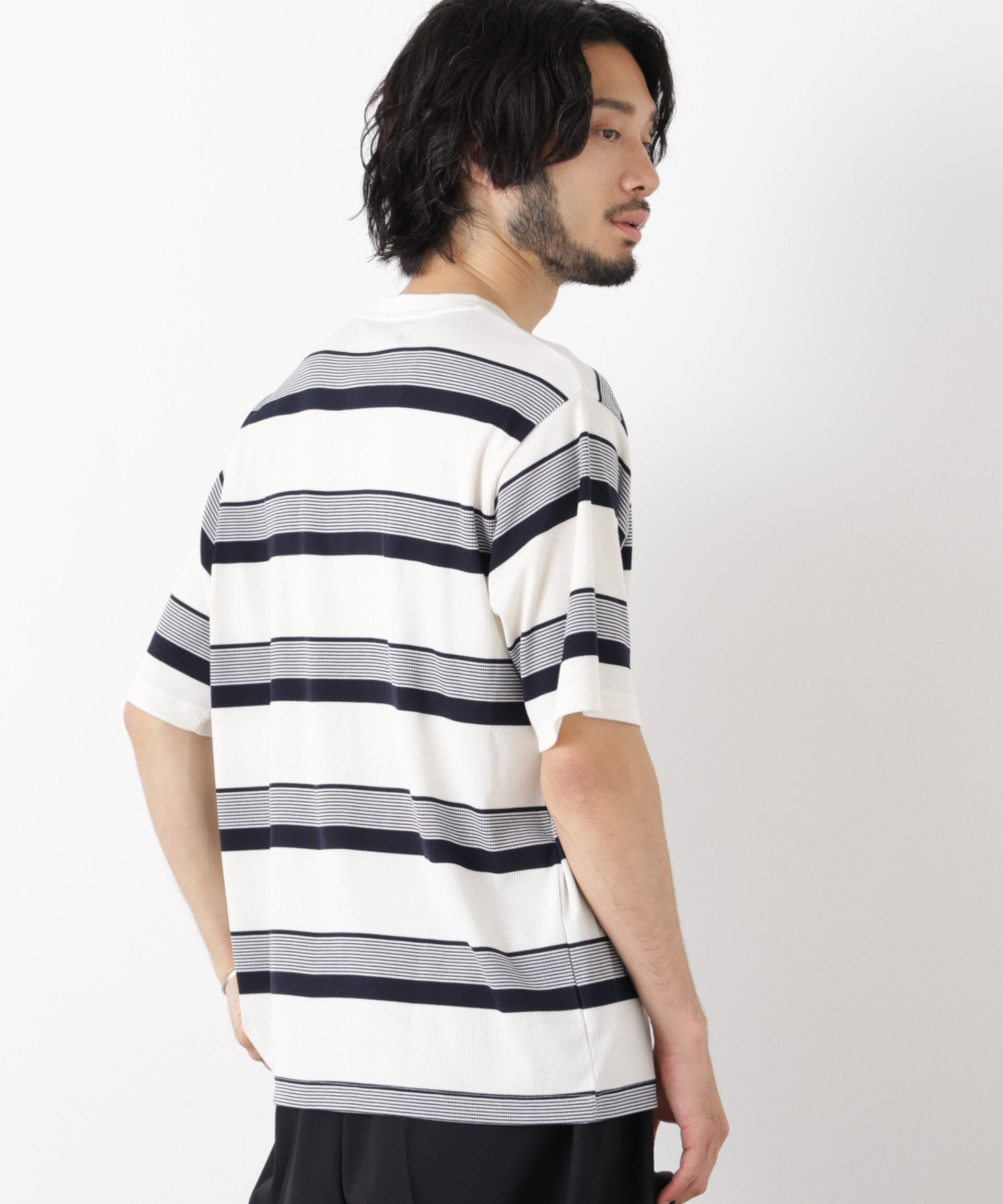 nano･universe「ランダムボーダーリブ二重編みヘンリーネック半袖」|Tシャツ・カットソー|