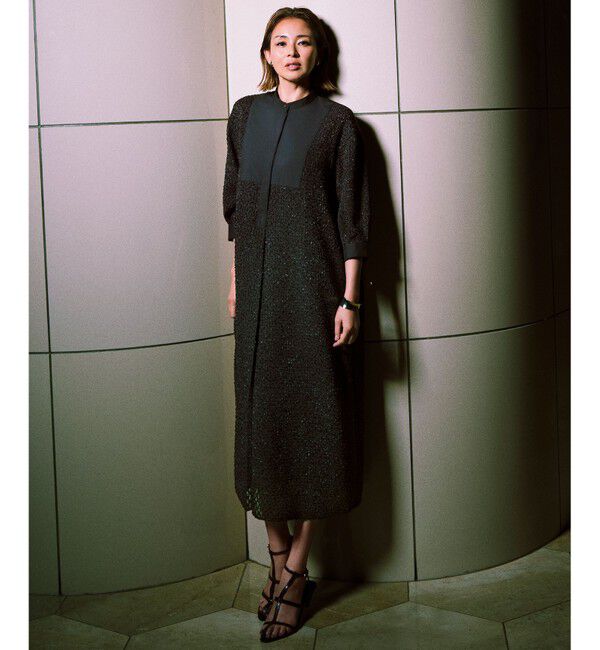 自由区「【SHIHOさん着用・一枚でサマになる】シアーカットジャガードバンドカラーシャツ ワンピース」|ワンピース|チャコール