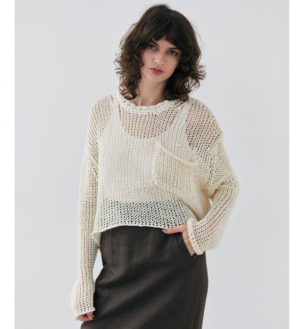 BEIGE,「【洗える・STORY 6月号掲載】THYME / クルーネックコットンメッシュニット」|ニット・セーター|Ecru