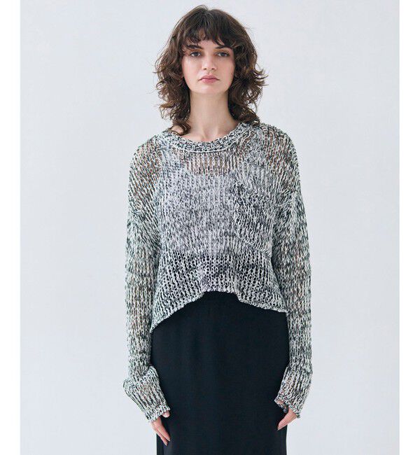 BEIGE,「【洗える・STORY 6月号掲載】THYME / クルーネックコットンメッシュニット」|ニット・セーター|Ecru&times;Black