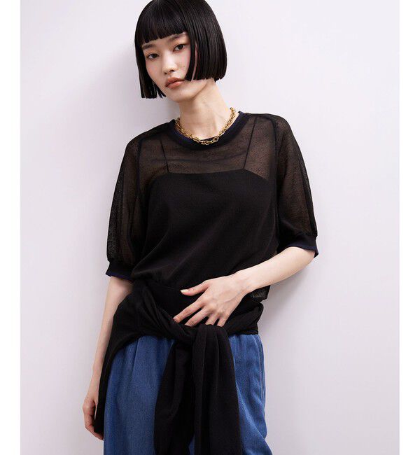 ADAM ET ROPE'「【WEB限定】リネンmixバイカラーシアーニットTシャツ」|Tシャツ・カットソー|ブラック系(02)