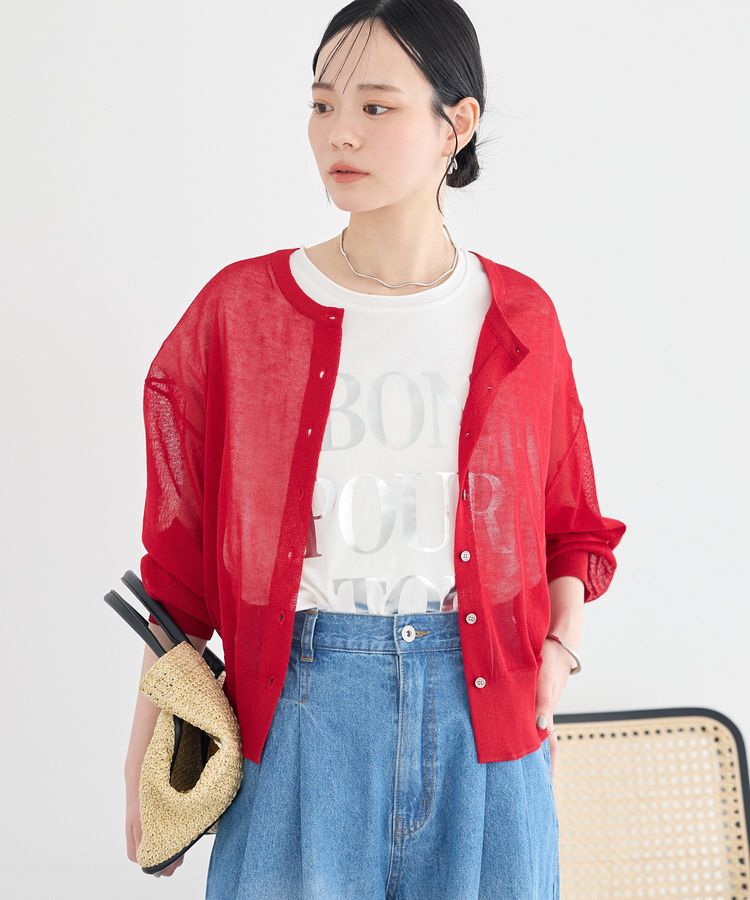 earth music&ecology「【WEB限定】接触冷感シアークルーニットカーディガン」|カーディガン|Red