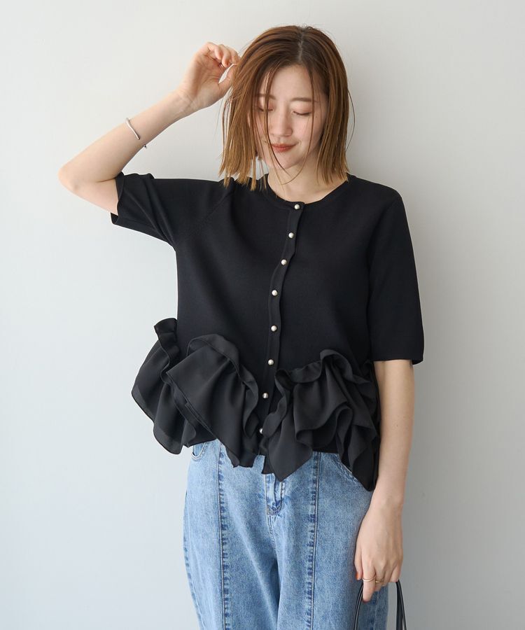 YECCA VECCA「パール釦ラッフル5分袖カーディガン」|カーディガン|