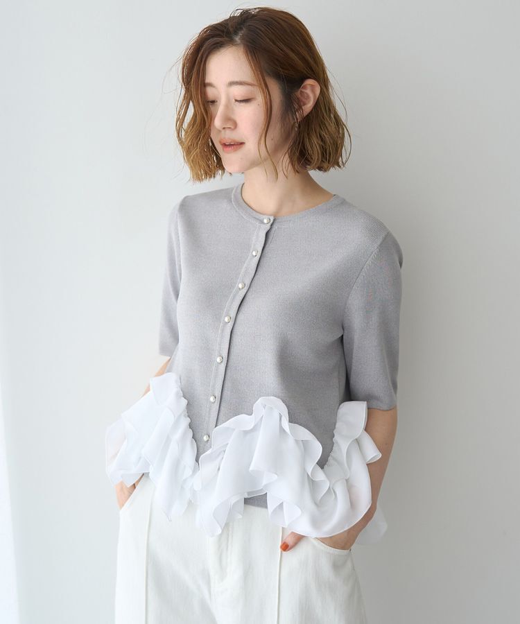 YECCA VECCA「パール釦ラッフル5分袖カーディガン」|カーディガン|Gray Mixture