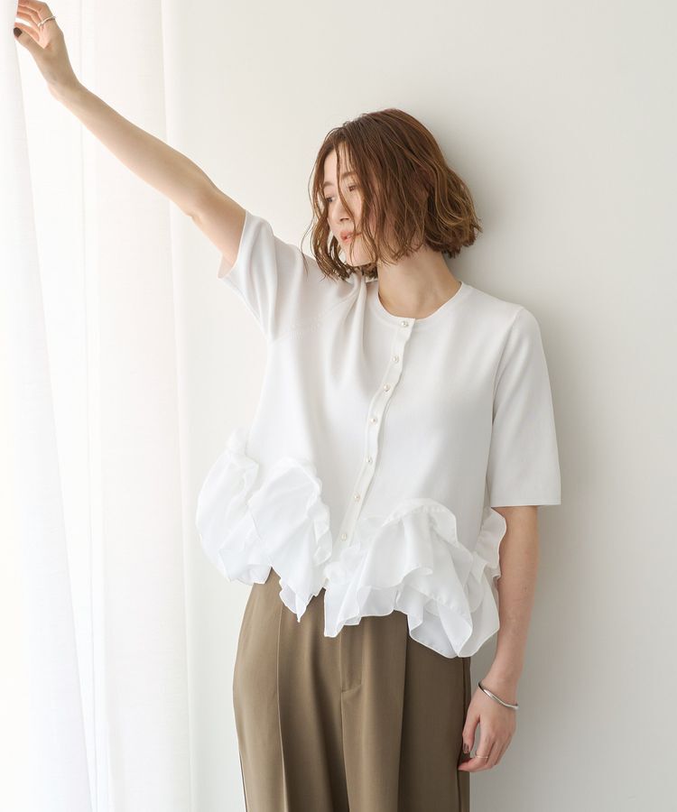 YECCA VECCA「パール釦ラッフル5分袖カーディガン」|カーディガン|