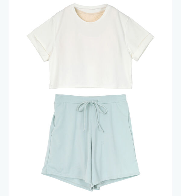 SEA DRESS「カップ付半袖Tシャツ&times;ショートパンツ/セット水着」|ビキニ|ｵﾌﾎﾜｲﾄ/Lﾌﾞﾙｰ