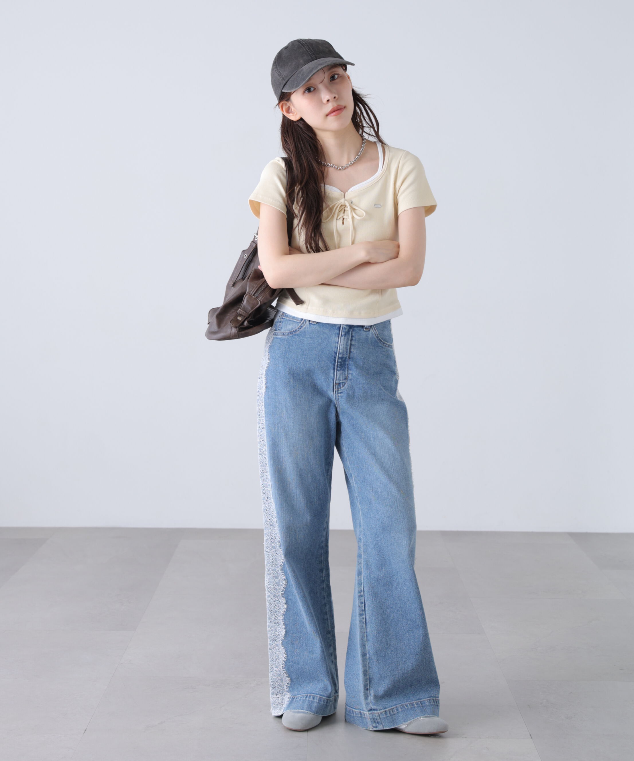  「[低身長サイズ/Sシリーズ]ベーシックワイドサイドレースデニムパンツ」|その他|