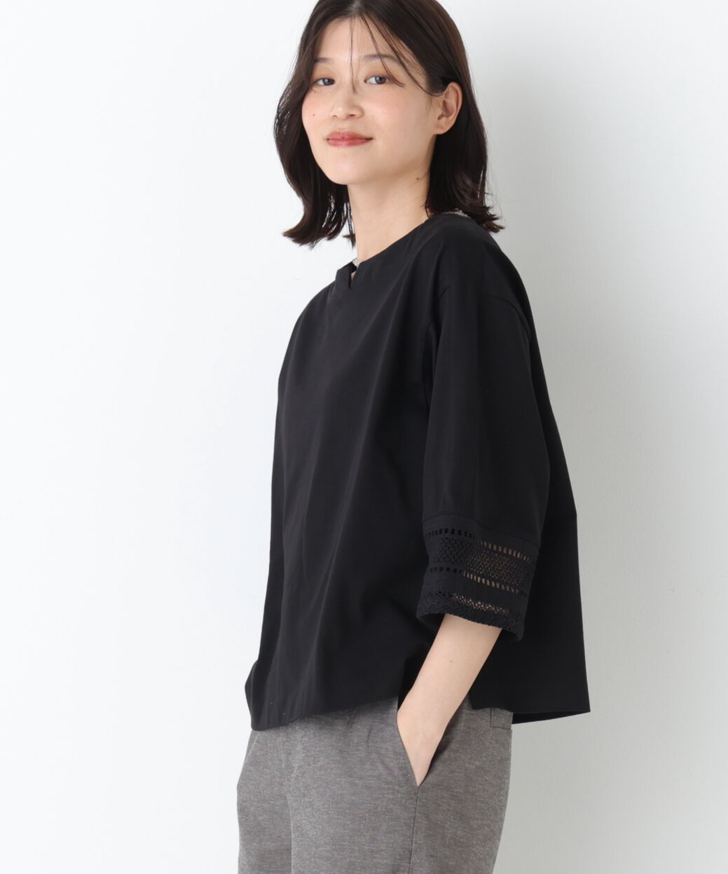  「◆袖レース強撚糸ＴＯＰＳ」|Tシャツ・カットソー|