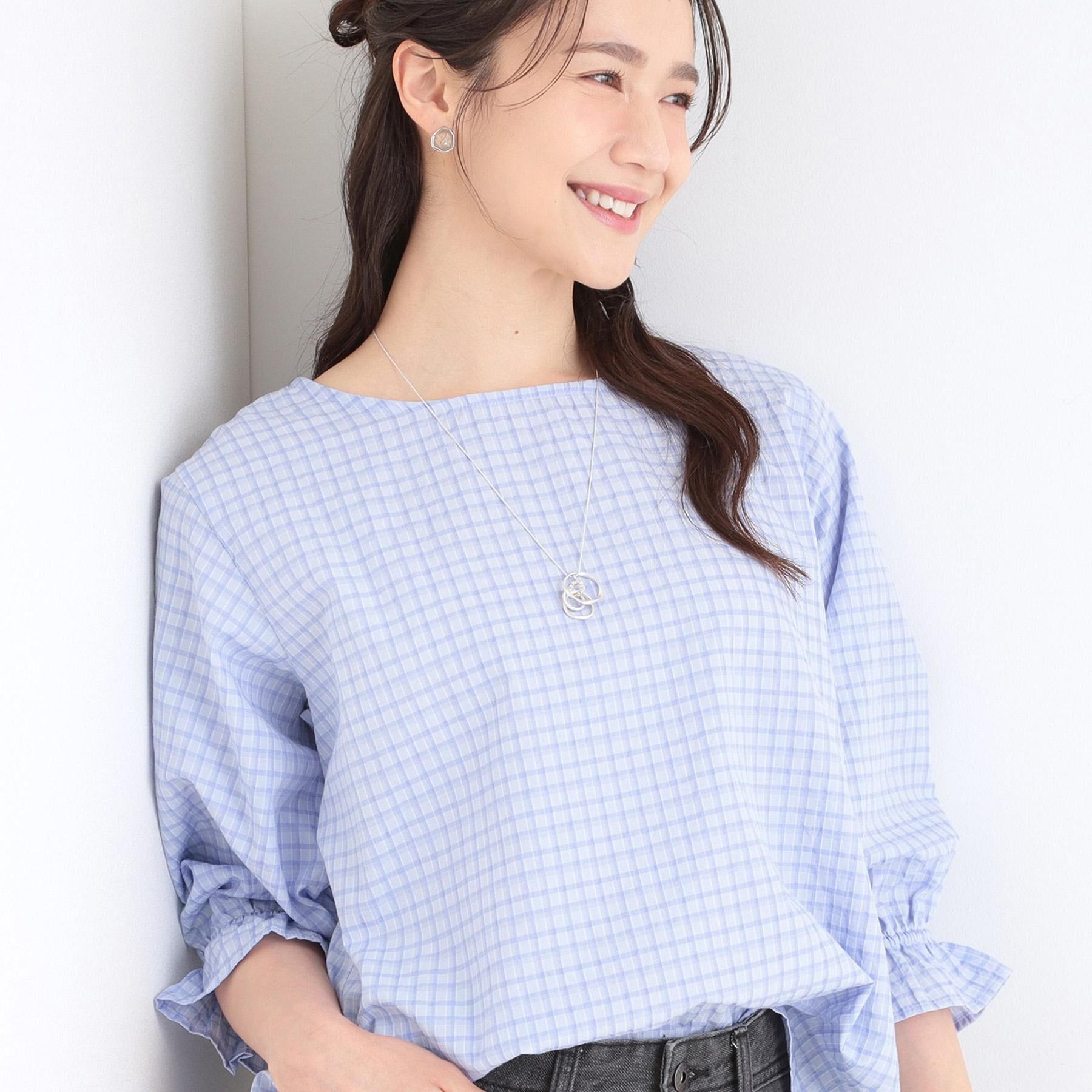 SHOO･LA･RUE「【セットアップ可/洗濯機可】上品チェックが好印象 ゆるさら6分袖ブラウス」|シャツ・ブラウス|ブルー(291)
