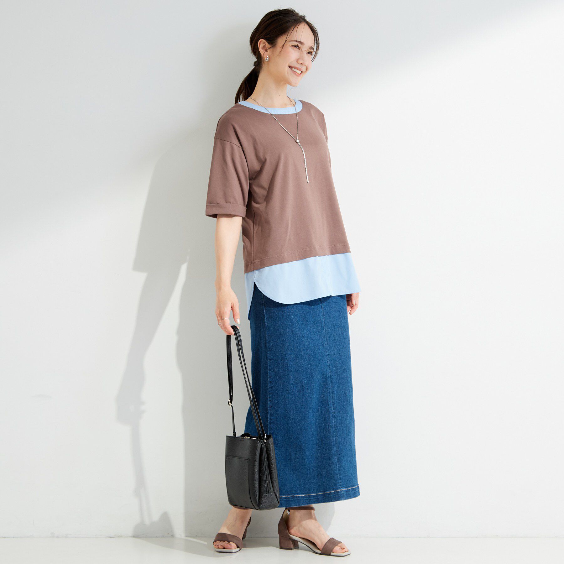SHOO･LA･RUE「【インせず着られる/二の腕隠れる】重ね着風 シャツドッキングトップス」|Tシャツ・カットソー|