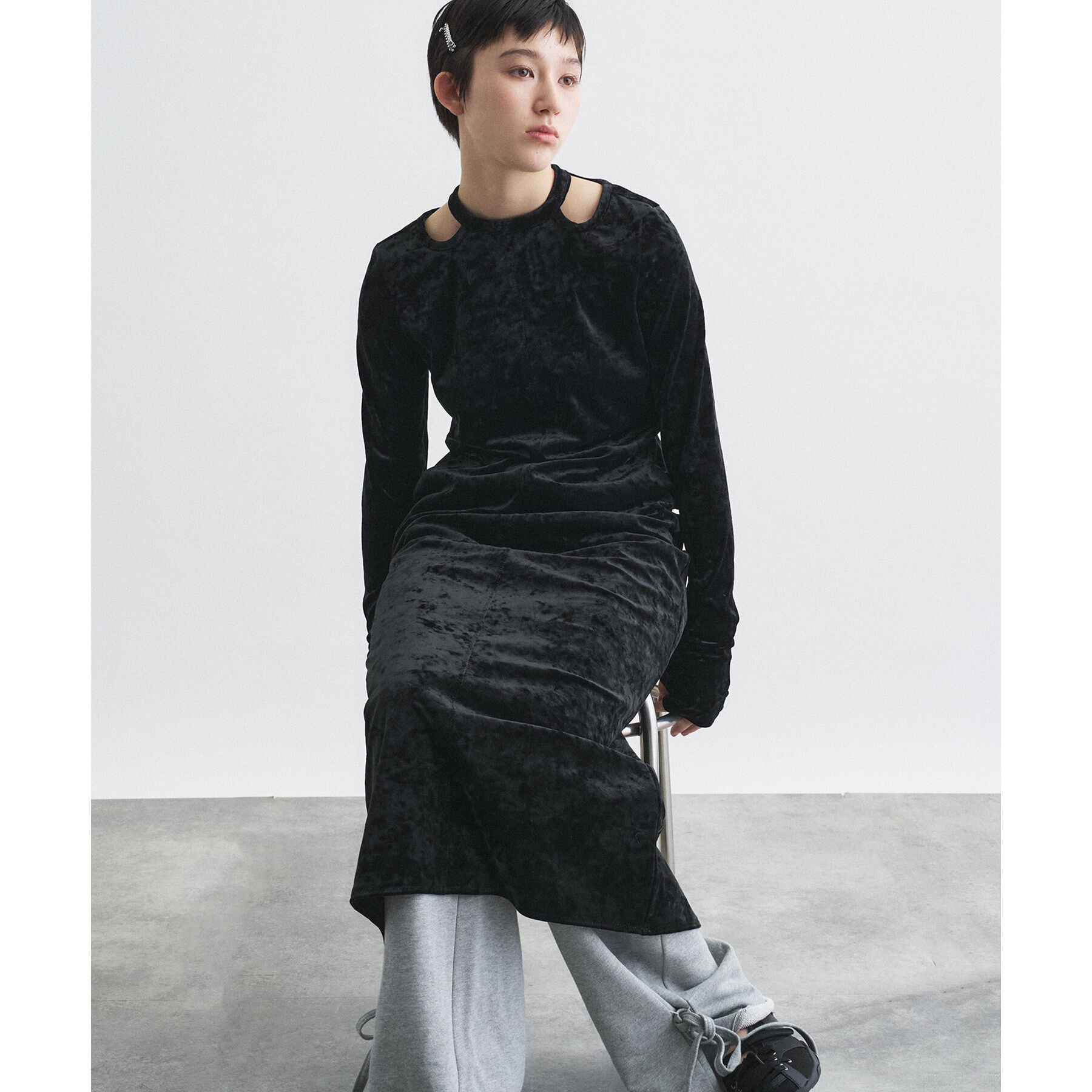 CODE A「【ReRe】neck point velour dress」|ワンピース|ブラック(019)